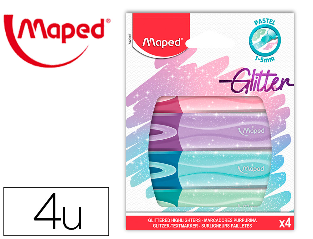 ROTULADOR MAPED FLUORESCENTE PEPS PASTEL CON GLITTER ESTUCHE DE 4 UNIDADES COLORES SURTIDOS