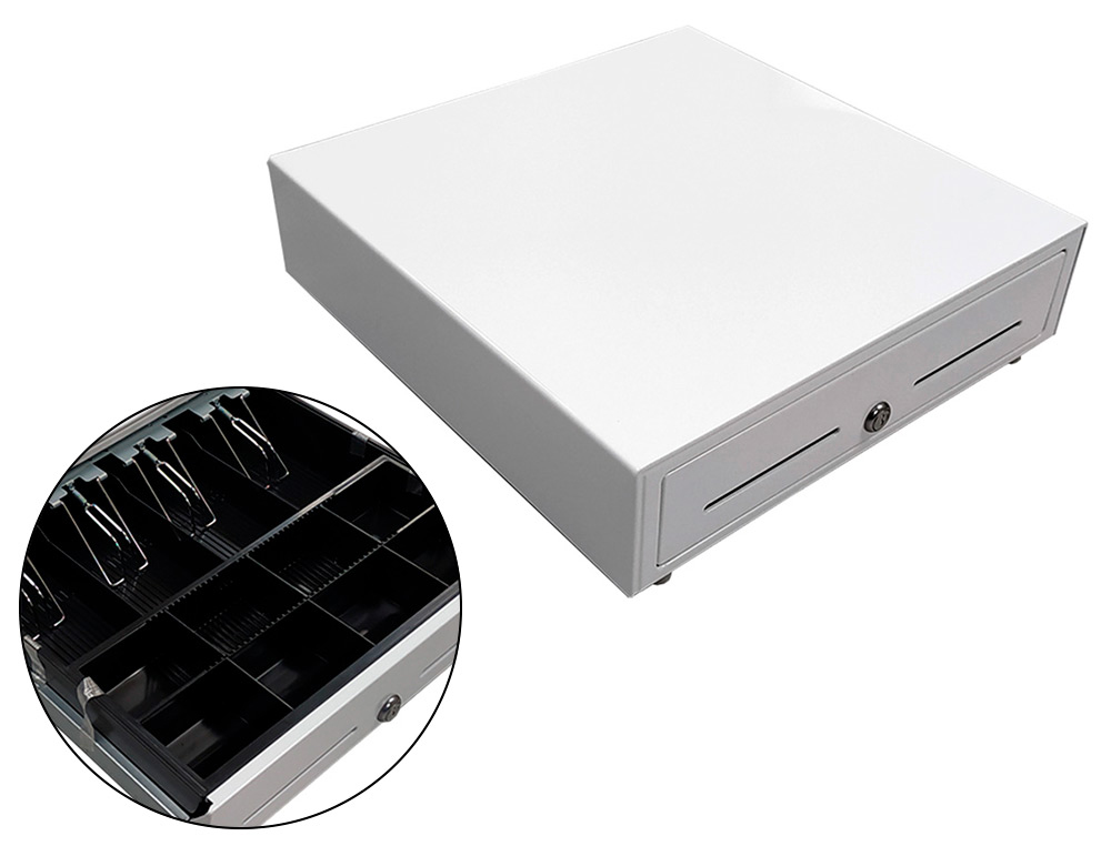 CAJON PORTAMONEDAS 8 MONEDEROS 4 BILLETEROS CON LLAVE ELECTRICO BLANCO 410X415X110MM