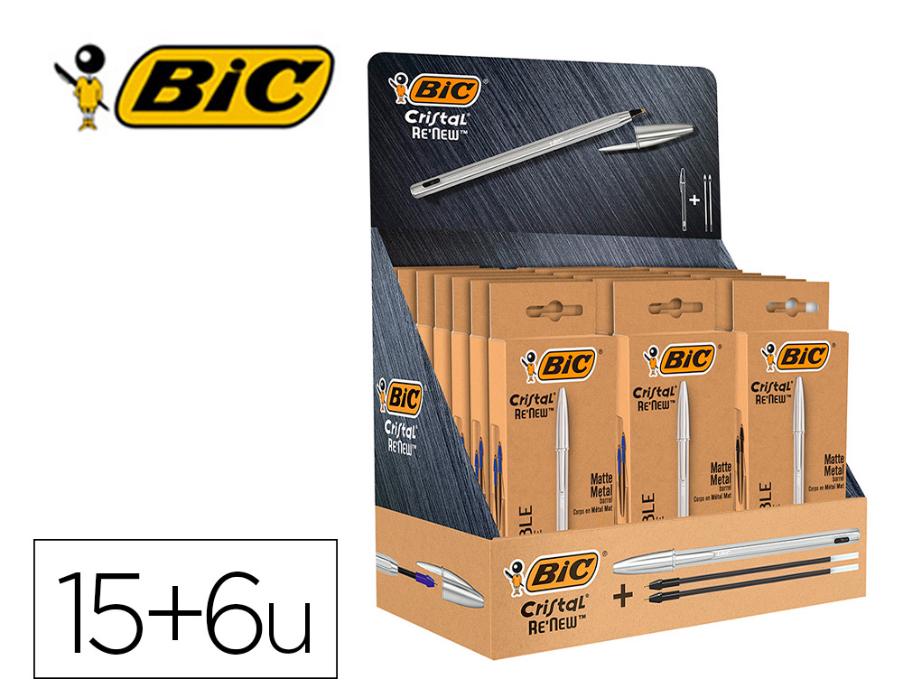 BOLIGRAFO BIC CRISTAL RENEW 21 EXPOSITOR 15 UNIDADES AZUL + 6 NEGRO REGALO 50 BIC CRISTAL AZUL