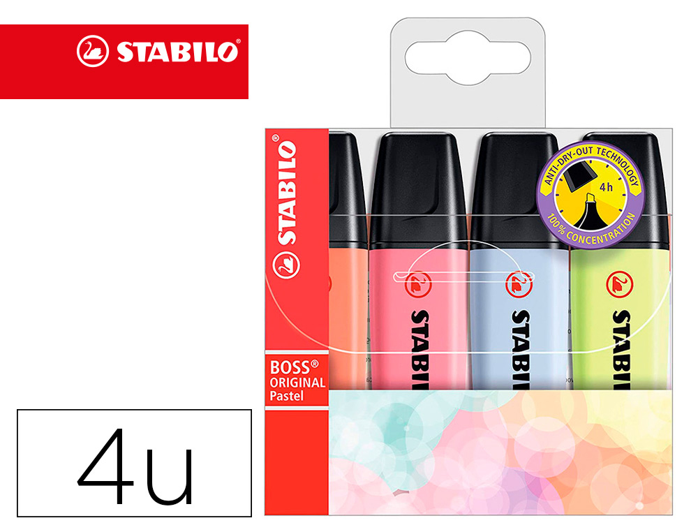 ROTULADOR STABILO BOSS FLUORESCENTE 70 PASTEL ESTUCHE DE 4 UNIDADES COLORES