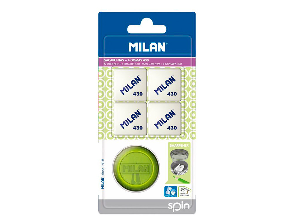 SACAPUNTAS MILAN SPIN PLASTICO 1 USO + 4 GOMAS 430
