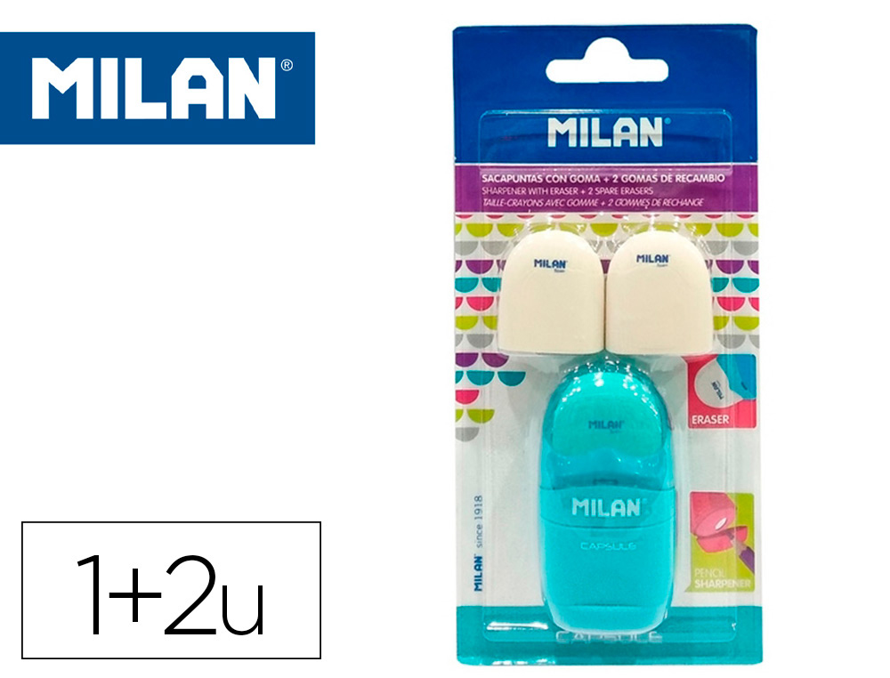 SACAPUNTAS MILAN CAPSULE PLASTICO 1 USO CON GOMA + 2 RECAMBIOS DE GOMA EN BLISTER