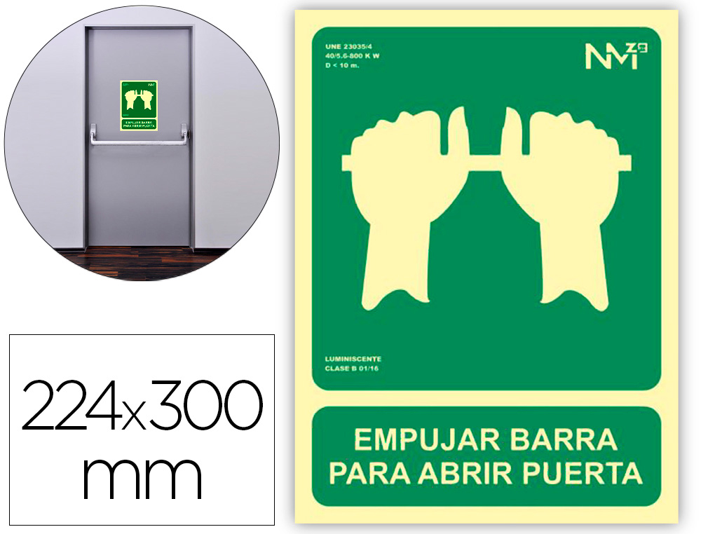 PICTOGRAMA ARCHIVO 2000 EMPUJAR BARRA PARA ABRIR PUERTA PVC VERDE LUMINISCENTE 224X300 MM