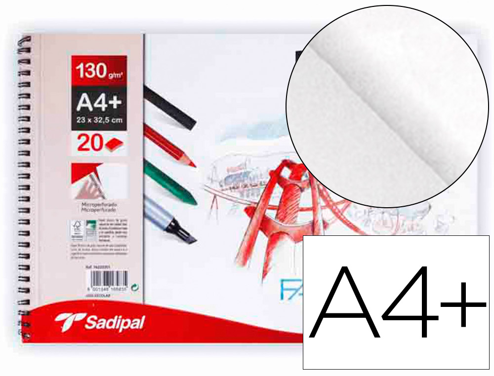 BLOC DIBUJO SADIPAL FABRIANO DIN A4+ ESPIRAL 20 HOJAS 130G/M2 GRANO SUAVE MICROPERFORADO LISO