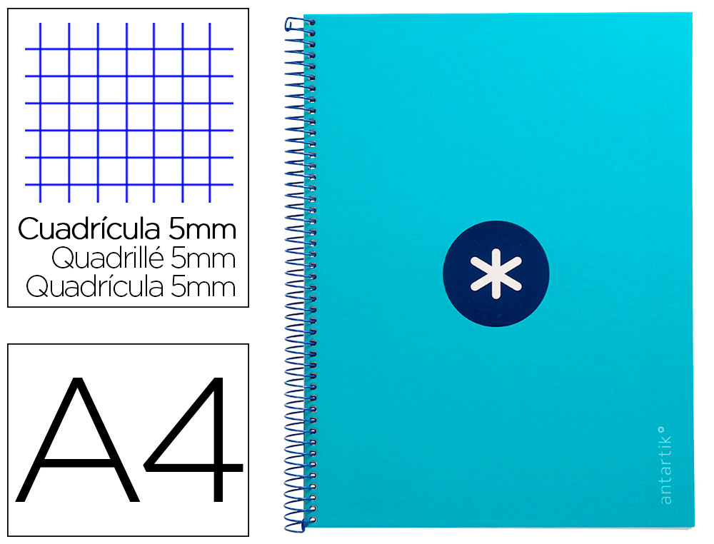 CUADERNO ESPIRAL LIDERPAPEL A4 MICRO ANTARTIK TAPA FORRADA 80H 90 GR CUADRO 5MM 1 BANDA 4 TALADROS TURQUESA
