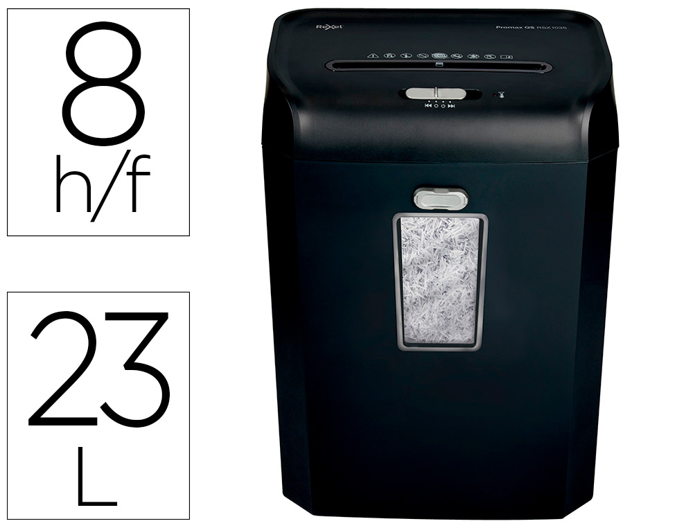 DESTRUCTORA DE DOCUMENTOS REXEL PROMAX QS REX823 CAPACIDAD 8 HOJAS PARTICULAS DESTRUYE GRAPAS CLIPS Y