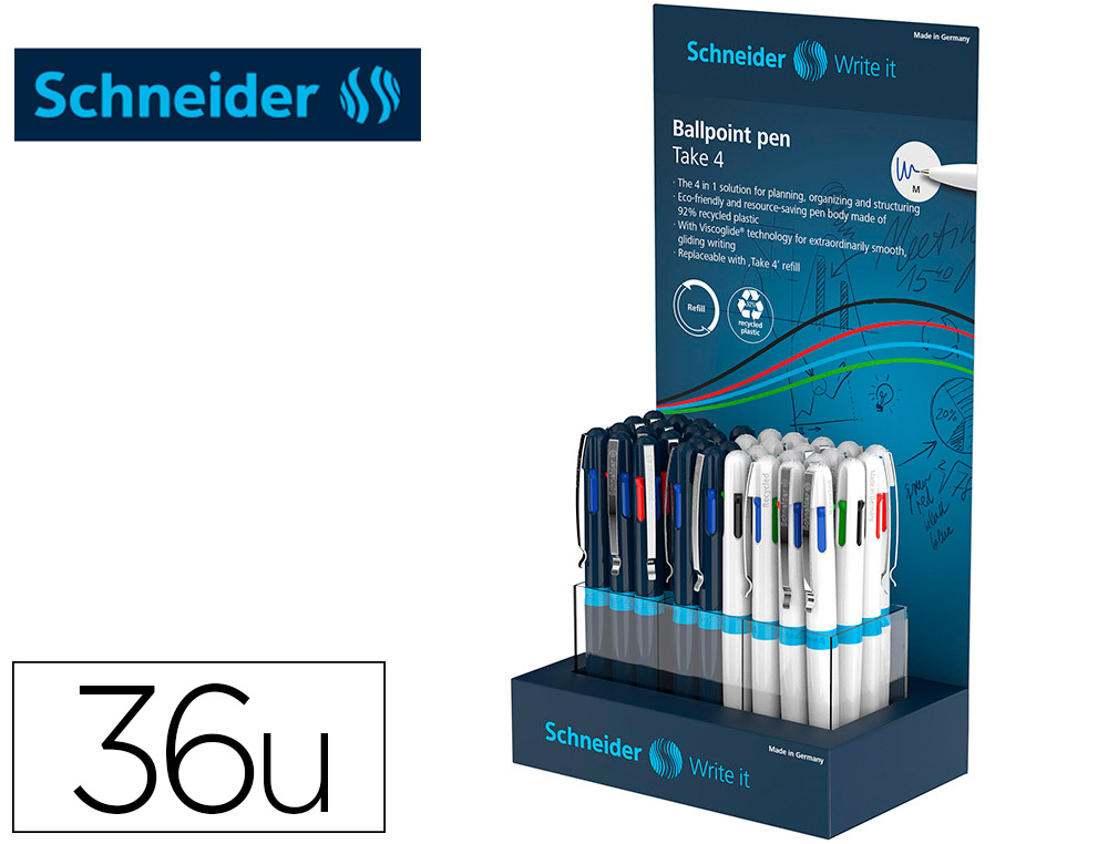 BOLIGRAFO SCHNEIDER TAKE 4 RECICLADO 92% CUATRO COLORES EXPOSITOR DE 36 UNIDADES 160X100X305 MM