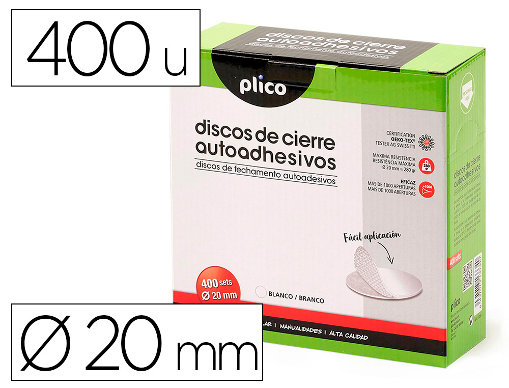DISCO DE CIERRE PLICO VELCRO AUTOADHESIVO 20 MM DIAMETRO COLOR BLANCO CAJA DE 400 UNIDADES