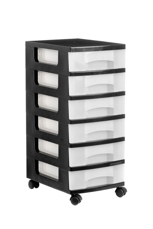 CAJONERA ARCHIVO 2000 6 CAJONES TRANSPARENTE CARCASA NEGRA 6 LITROS CON RUEDAS 390X290X685 MM