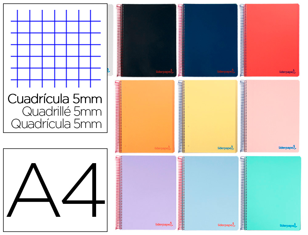 CUADERNO ESPIRAL LIDERPAPEL A4 WONDER TAPA PLASTICO 80H 90GR CUADRO 5MM CON MARGEN COLORES SURTIDOS