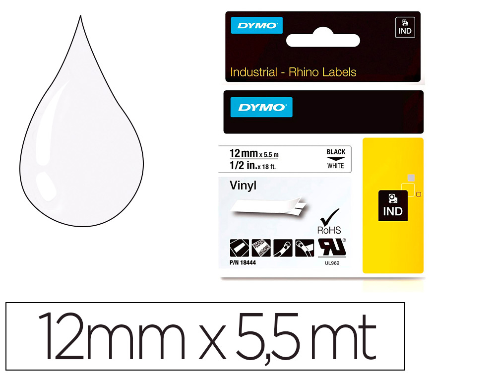 CINTA DYMO VINILO BLANCO 12MM X 5,5MT PARA ETIQUETADORA RHINO