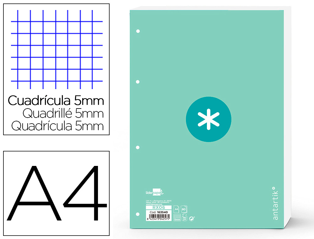 RECAMBIO LIDERPAPEL A4 ANTARTIK 80 HOJAS 90G/M2 CUADRO 5 MM 4 TALADROS 1 BANDA MARCO COLOR MENTA