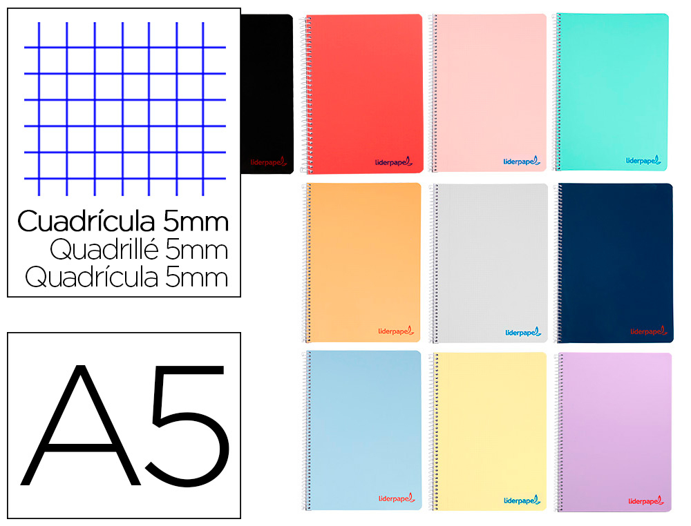 CUADERNO ESPIRAL LIDERPAPEL A5 WONDER TAPA PLASTICO 80H 90GR CUADRO 5MM CON MARGEN COLORES SURTIDOS