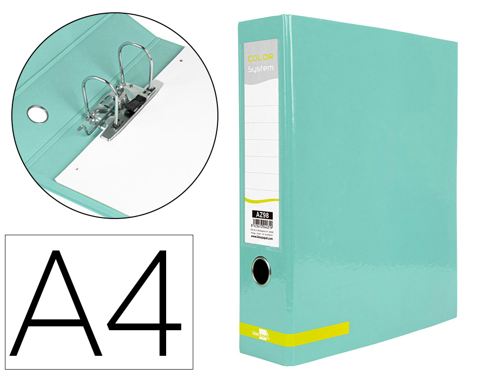 ARCHIVADOR DE PALANCA LIDERPAPEL A4 COLOR SYSTEM FORRADO SIN RADO LOMO 80 MM MENTA COMPRESOR METALICO