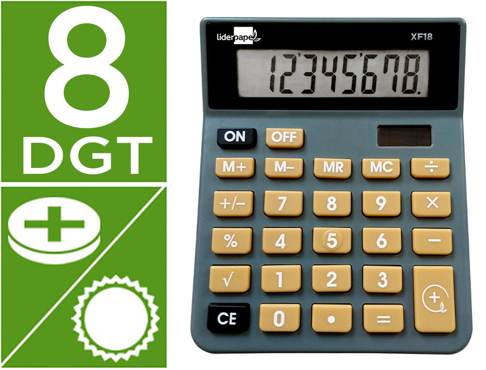 CALCULADORA LIDERPAPEL SOBREMESA XF18 8 DIGITOS SOLAR Y PILAS COLOR GRIS 127X105X24 MM