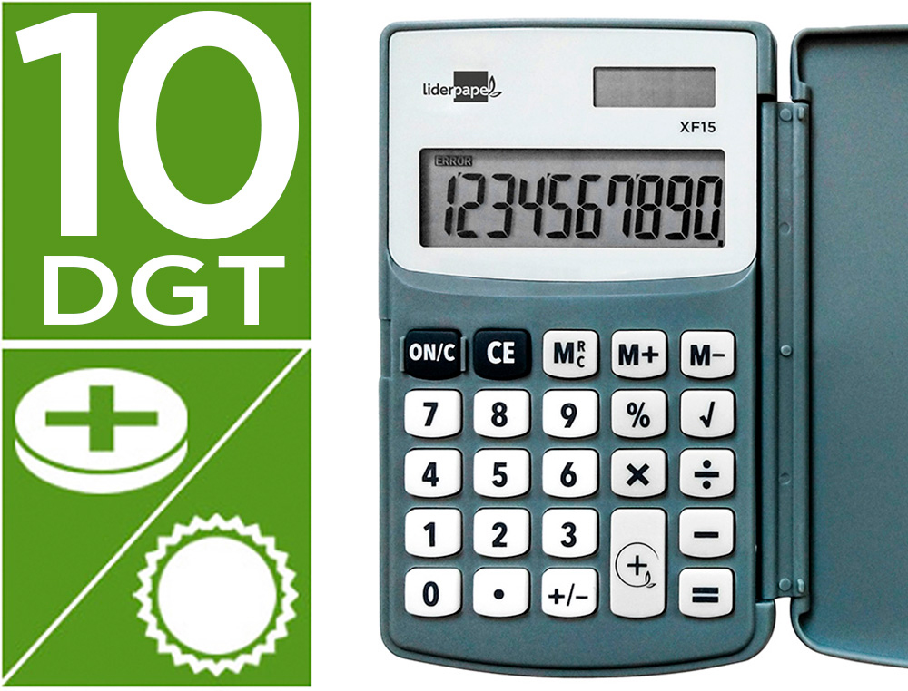 CALCULADORA LIDERPAPEL BOLSILLO XF15 10 DIGITOS CON TAPA SOLAR Y PILAS COLOR GRIS 123X75X12 MM