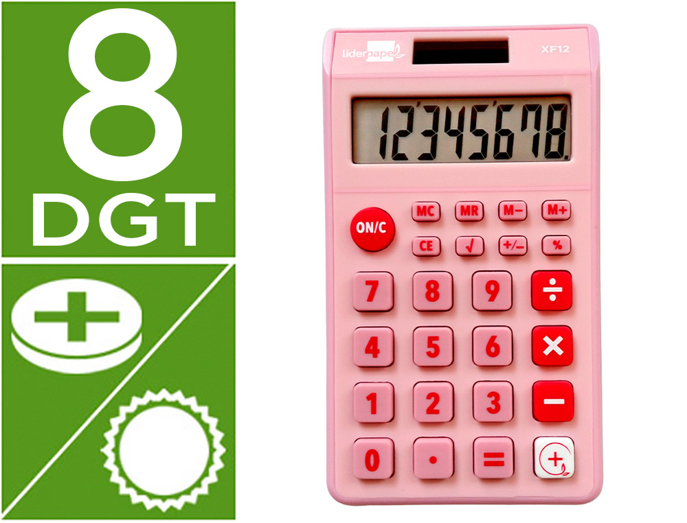 CALCULADORA LIDERPAPEL BOLSILLO XF12 8 DIGITOS SOLAR Y PILAS COLOR ROSA 115X65X8 MM
