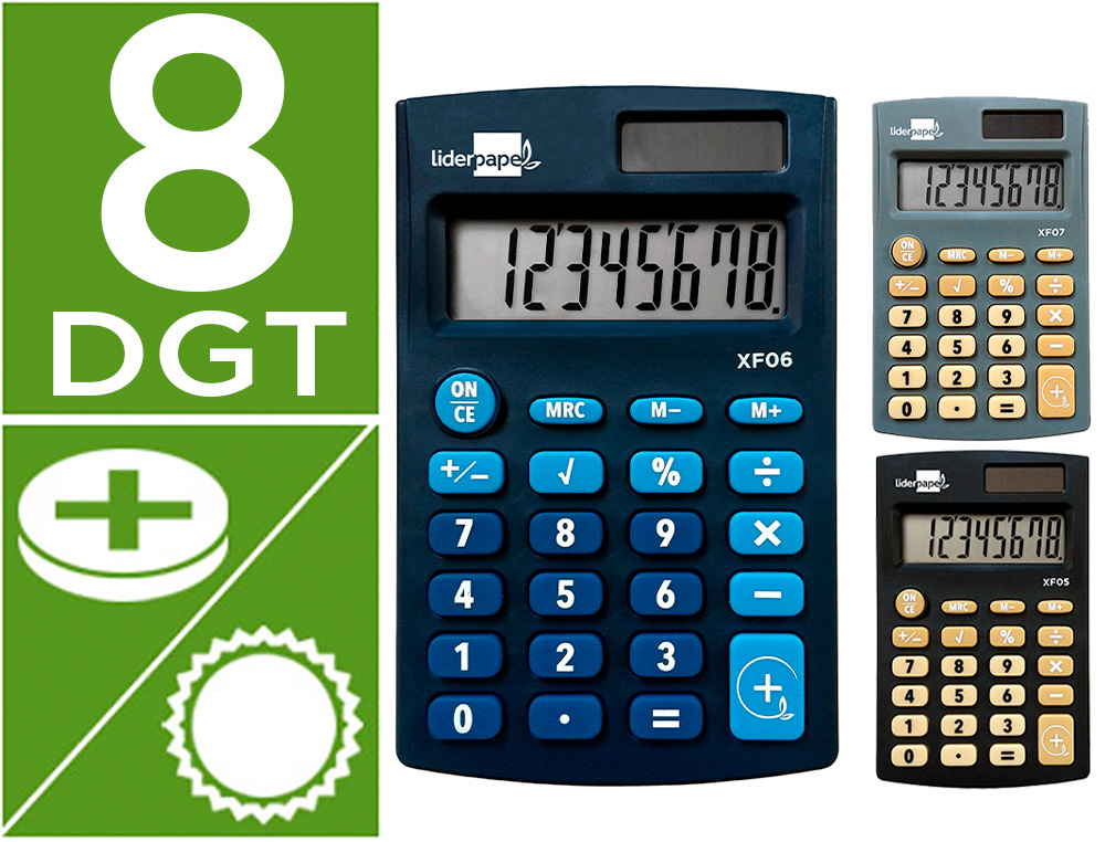 CALCULADORA LIDERPAPEL EXPOSITOR 16 UNIDADES COLORES BOLSILLO XF08 8 DIGITOS SOLAR Y PILAS 98X62X8 MM