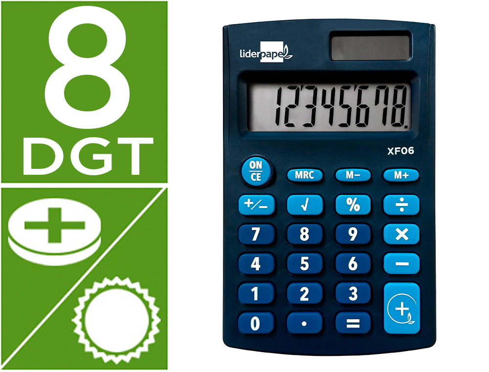 CALCULADORA LIDERPAPEL BOLSILLO XF06 8 DIGITOS SOLAR Y PILAS COLOR AZUL 98X62X8 MM