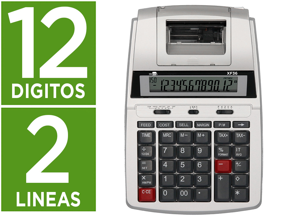 CALCULADORA LIDERPAPEL IMPRESORA PANTALLA PAPEL 58 MM 12 DIGITOS IMPRESION BICOLOR BLANCA 235X155X62 MM