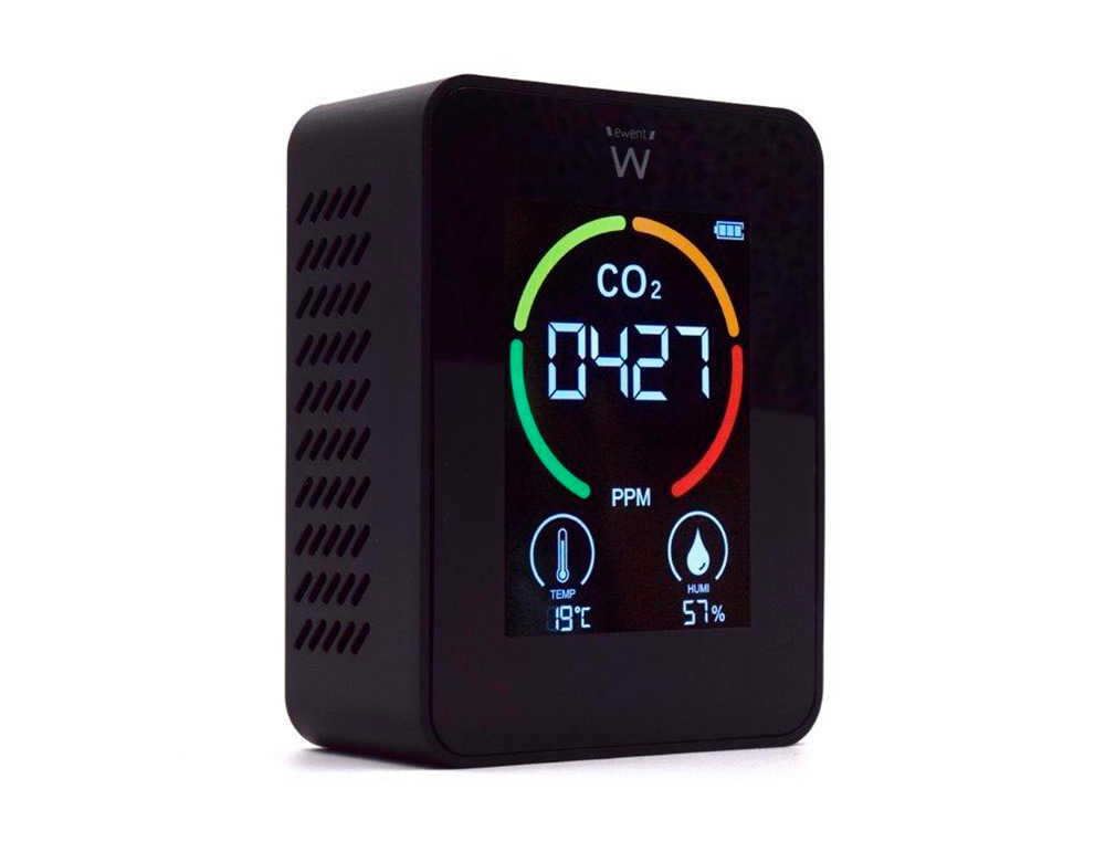 MEDIDOR DE CO2 EWENT PANTALLA LED COLOR DETECTOR CALIDAD AIRE CON INDICADOR DE TEMPERATURA Y HUMEDAD USB-C