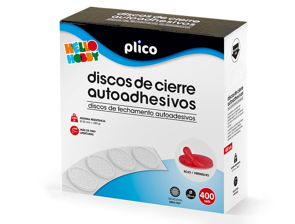 DISCO DE CIERRE PLICO VELCRO AUTOADHESIVO 20 MM DIAMETRO COLOR ROJO CAJA DE 400 UNIDADES
