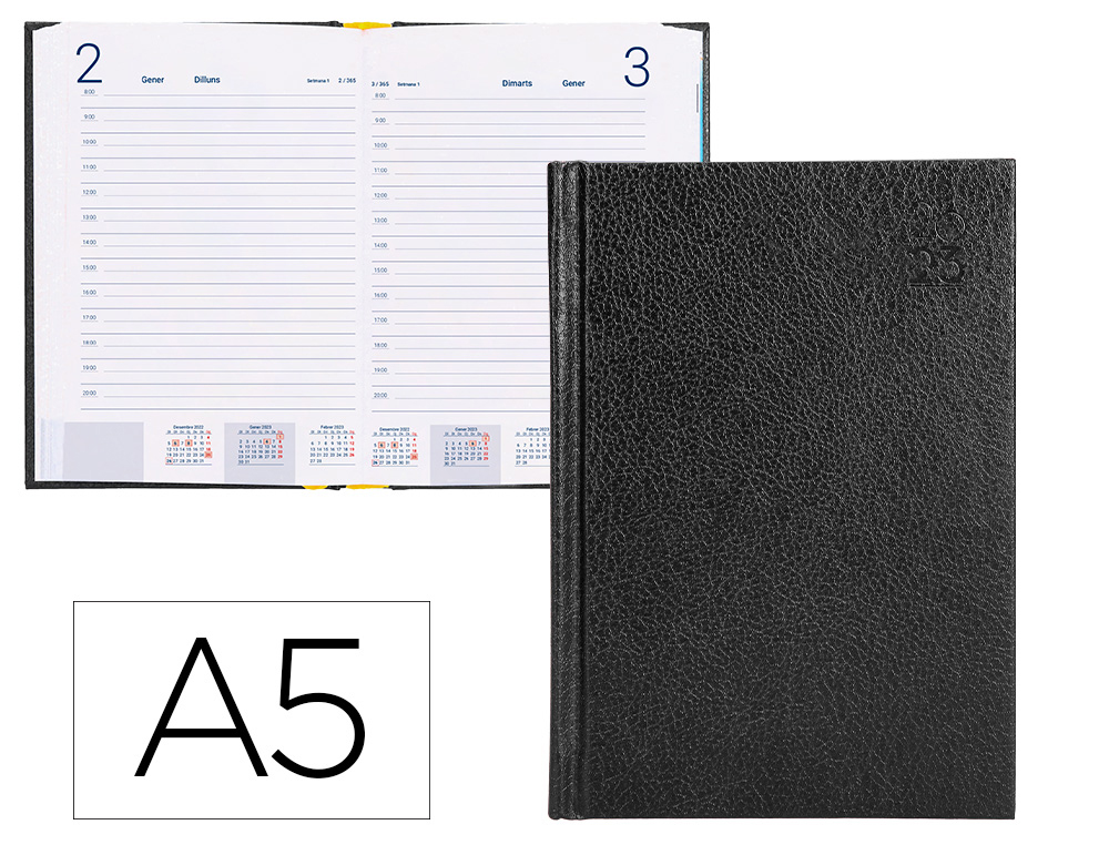 AGENDA ENCUADERNADA LIDERPAPEL CORFU 15X21 CM 2023 DIA PAGINA COLOR NEGRO PAPEL 60 GR TEXTO EN CATALAN