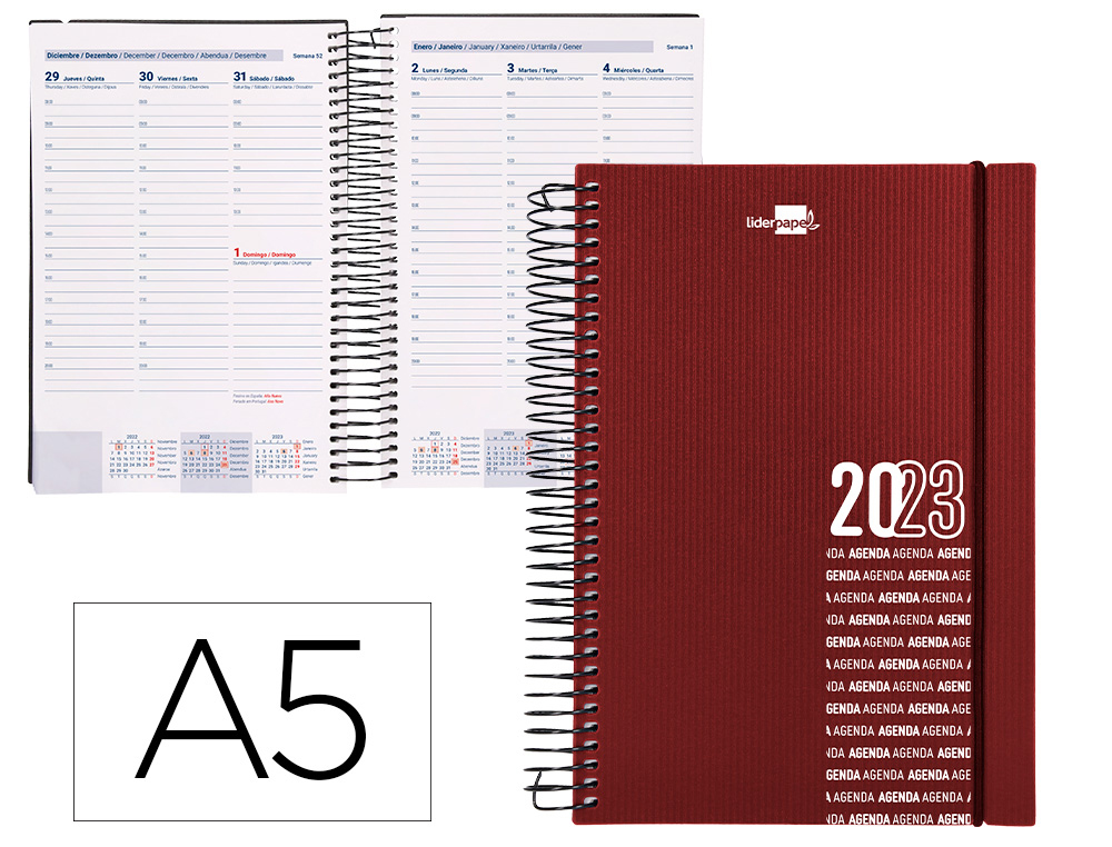 AGENDA ESPIRAL LIDERPAPEL OLBIA 15X21 CM 2023 SEMANA VISTA TAPA POLIPROPILENO METALIZADO BURDEOS PAPEL 60 GR