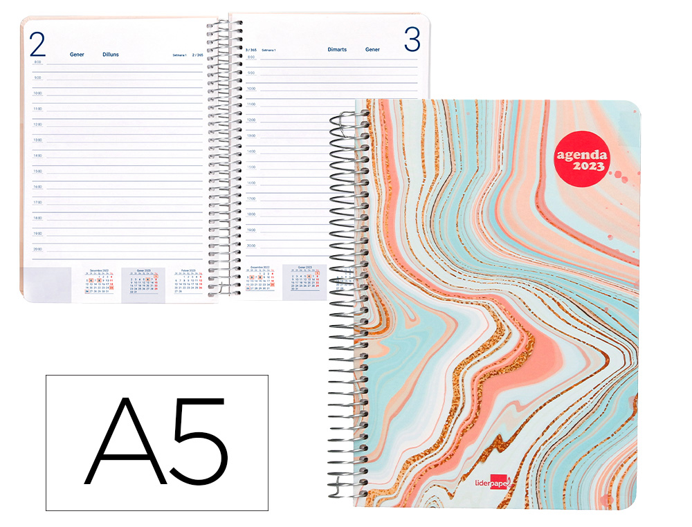 AGENDA ESPIRAL LIDERPAPEL SYROS 15X21 CM 2023 DIA PAGINA SIMPLE ESPIRAL COLOR ONDAS PAPEL 60 GR CATALAN