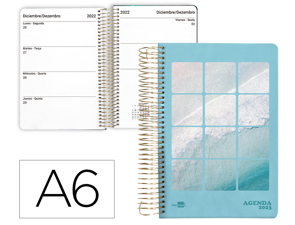 AGENDA ESPIRAL LIDERPAPEL PERISSA A6 2023 SEMANA VISTA PAPEL 80 GR COLOR PLUMAS