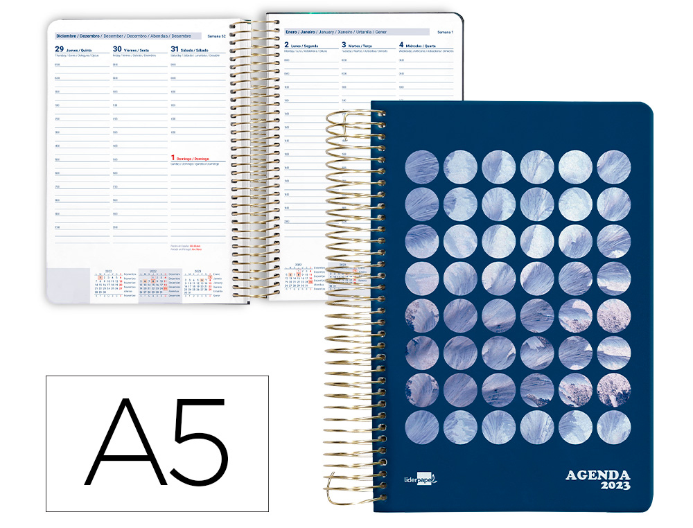 AGENDA ESPIRAL LIDERPAPEL PERISSA A5 2023 SEMANA VISTA PAPEL 80 GR COLOR PLUMAS