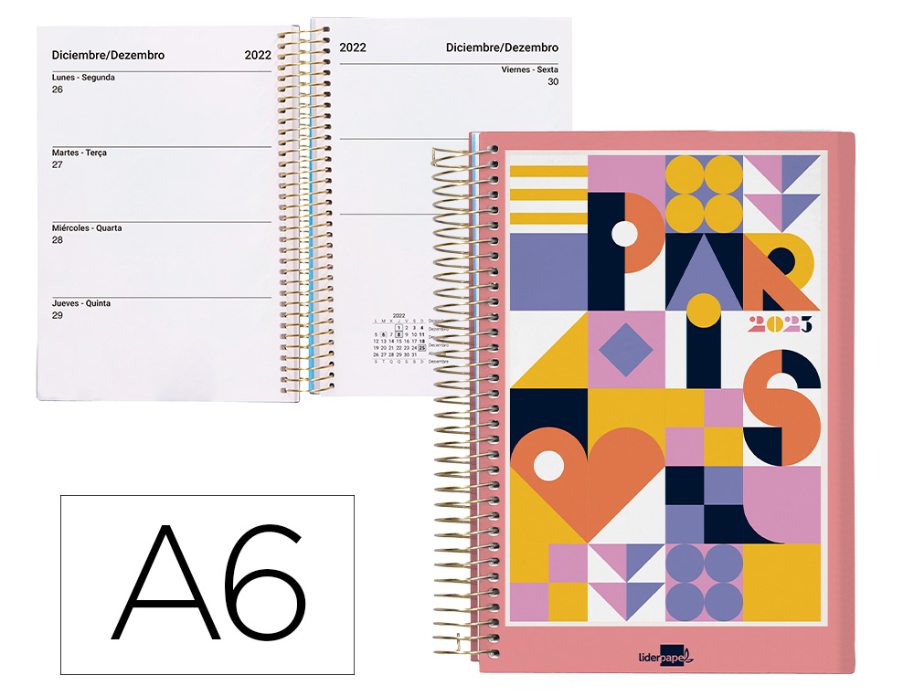 AGENDA ESPIRAL LIDERPAPEL GAZI A6 2023 SEMANA VISTA PORTADA POLIPROPILENO PAPEL 70 GR PARIS