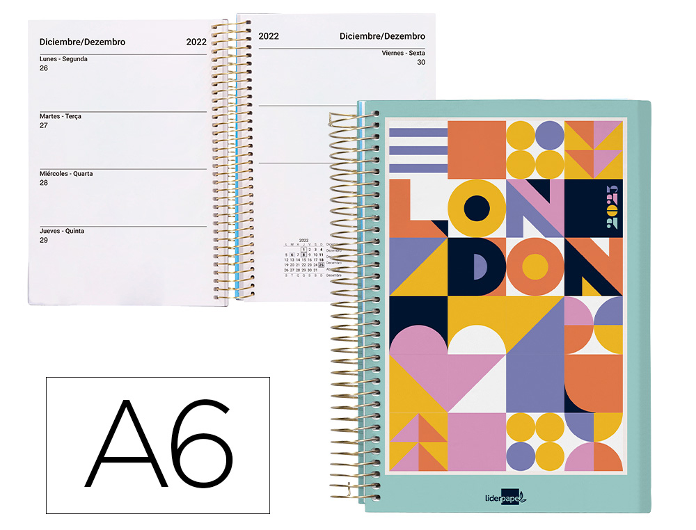 AGENDA ESPIRAL LIDERPAPEL GAZI A6 2023 SEMANA VISTA PORTADA POLIPROPILENO PAPEL 70 GR LONDON
