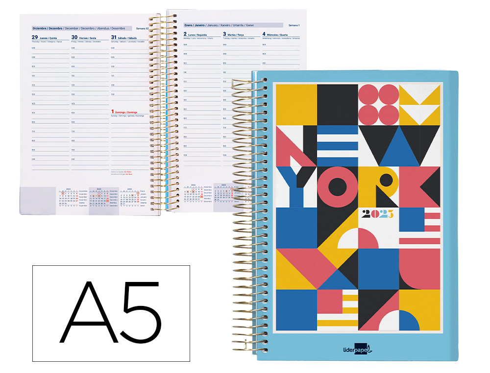 AGENDA ESPIRAL LIDERPAPEL GAZI A5 2023 SEMANA VISTA PORTADA POLIPROPILENO PAPEL 70 GR NEW YORK