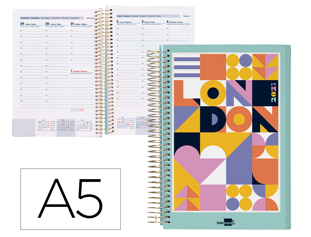 AGENDA ESPIRAL LIDERPAPEL GAZI A5 2023 SEMANA VISTA PORTADA POLIPROPILENO PAPEL 70 GR LONDON