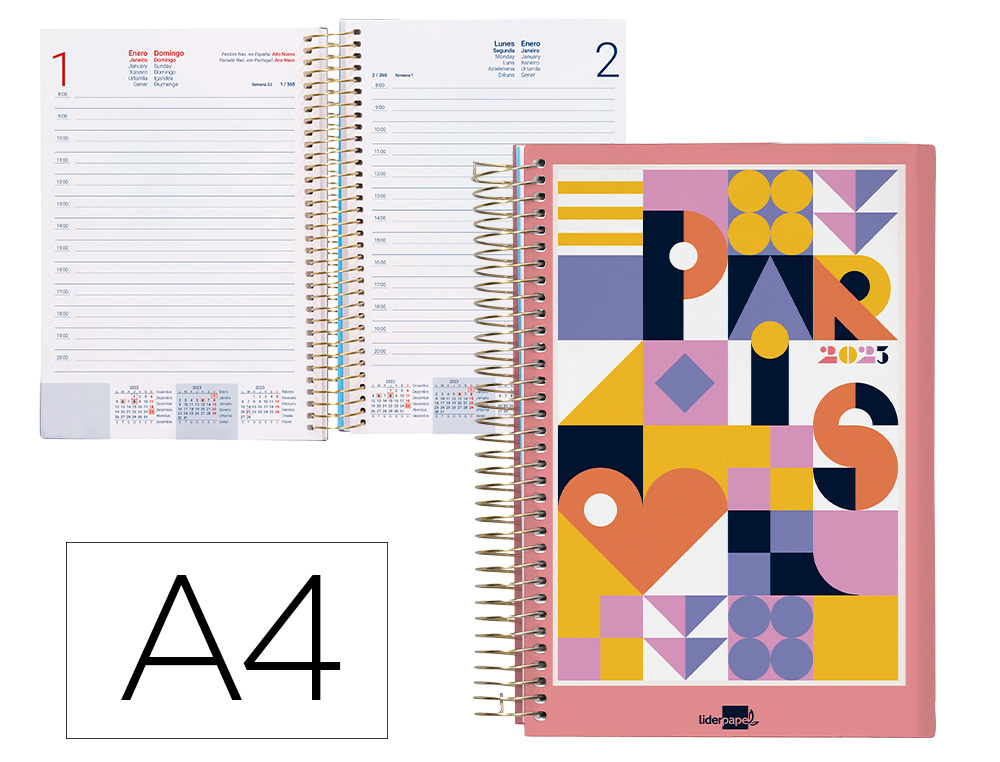 AGENDA ESPIRAL LIDERPAPEL GAZI A4 2023 DIA PAGINA PORTADA POLIPROPILENO PAPEL 70 GR PARIS