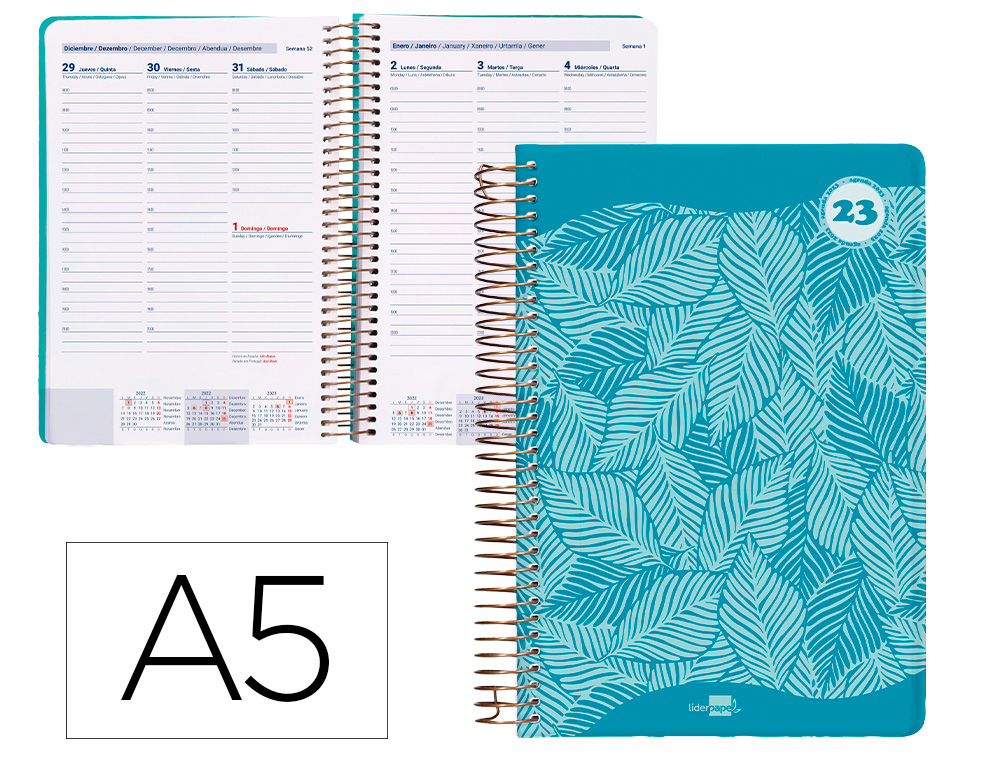 AGENDA ESPIRAL LIDERPAPEL CLASSIC A5 2023 SEMANA VISTA PORTADA POLIPROPILENO PAPEL 70 GR COLOR VERDE
