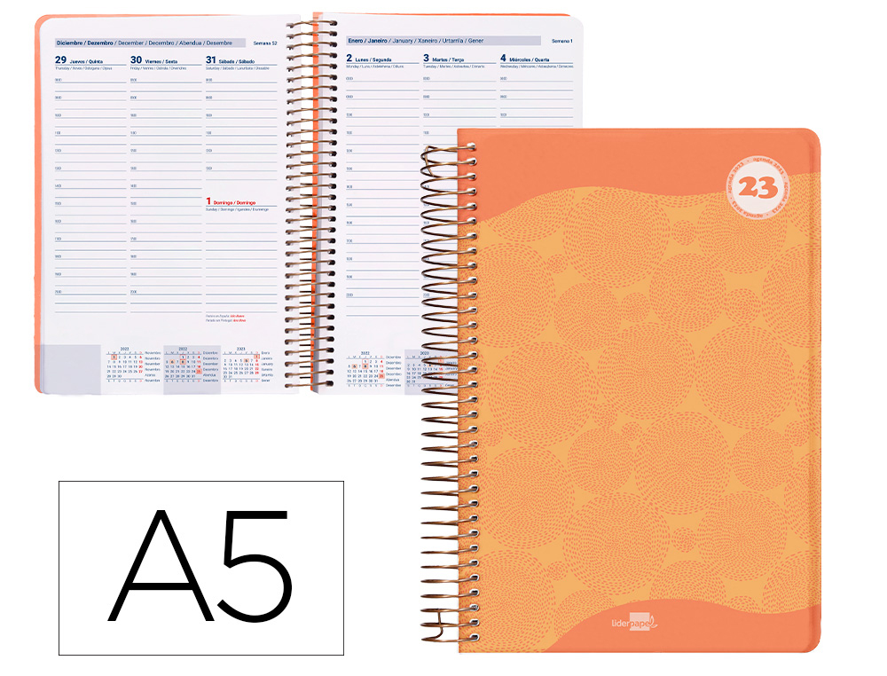 AGENDA ESPIRAL LIDERPAPEL CLASSIC A5 2023 SEMANA VISTA PORTADA POLIPROPILENO PAPEL 70 GR COLOR NARANJA
