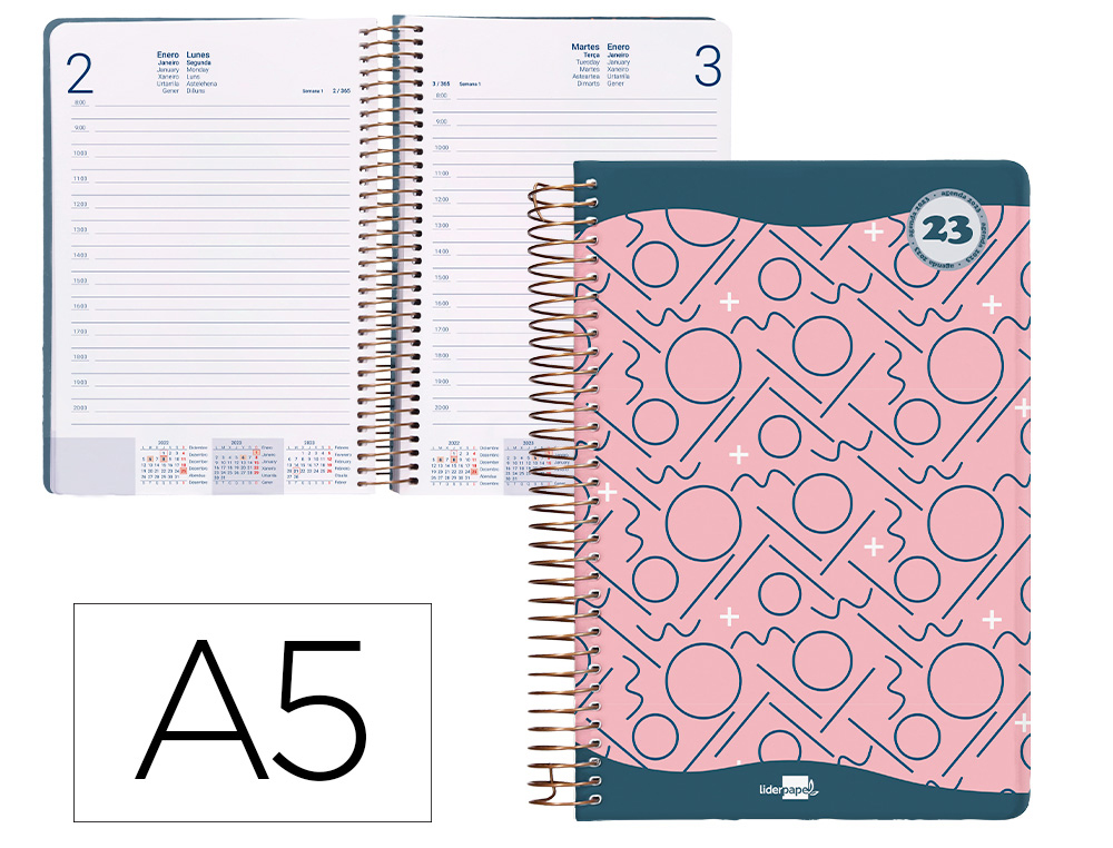 AGENDA ESPIRAL LIDERPAPEL CLASSIC A5 2023 DIA PAGINA PORTADA POLIPROPILENO PAPEL 70 GR COLOR ROSA