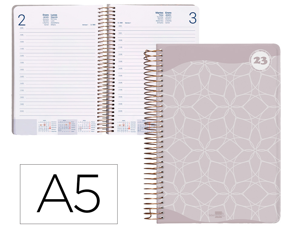 AGENDA ESPIRAL LIDERPAPEL CLASSIC A5 2023 DIA PAGINA PORTADA POLIPROPILENO PAPEL 70 GR COLOR GRIS