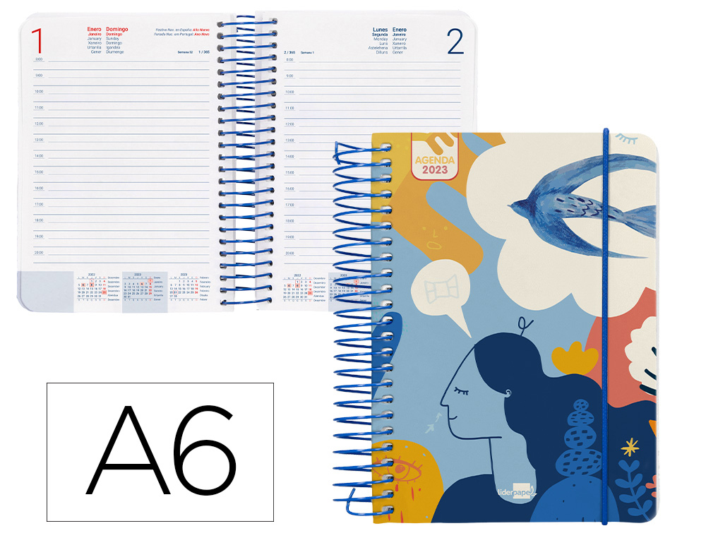 AGENDA ESPIRAL LIDERPAPEL SANTORINI 10,5X14,8 CM 2023 DIA PAGINA PAPEL 60 GR PAJARO