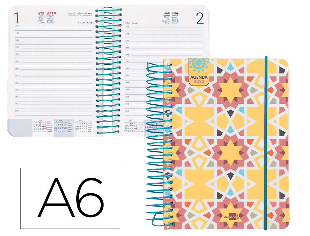 AGENDA ESPIRAL LIDERPAPEL SANTORINI 10,5X14,8 CM 2023 DIA PAGINA PAPEL 60 GR COLOR MOSAICO