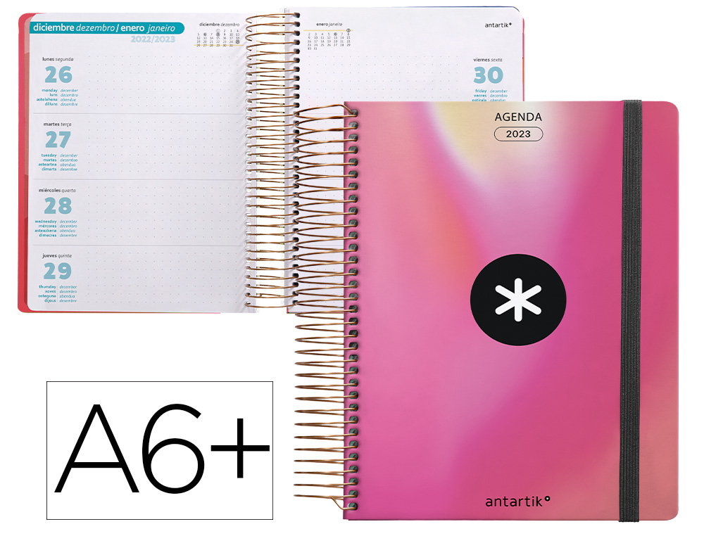 AGENDA DE OFICINA ANTARTIK 2023 SEMANA VISTA 90 GR CON SOBRE MARCAPAGINAS Y 3 HOJAS PEGATINAS ROJO 130X175 MM