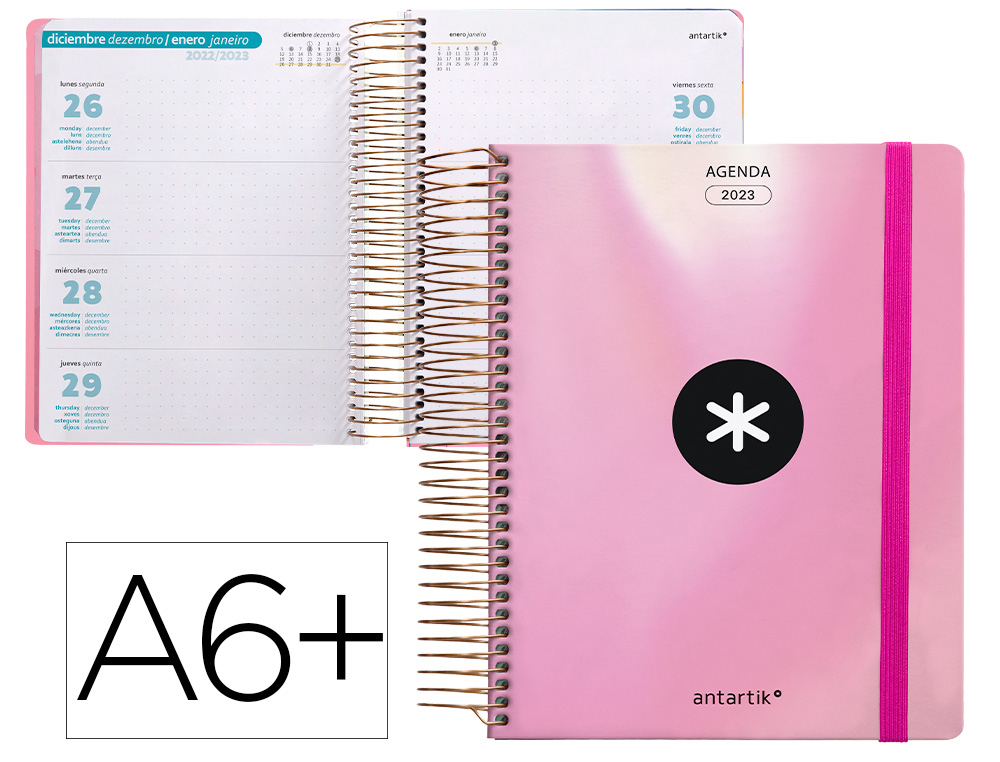 AGENDA DE OFICINA ANTARTIK 2023 SEMANA VISTA 90 GR CON SOBRE MARCAPAGINAS Y 3 HOJAS PEGATINAS ROSA 130X175 MM