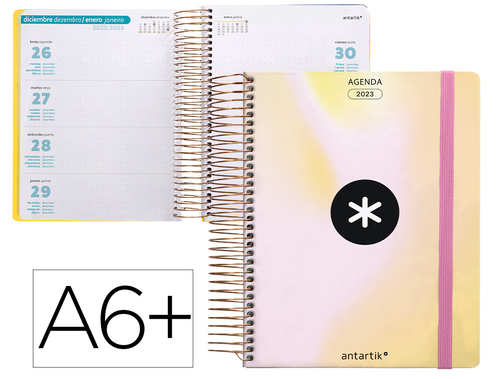 AGENDA DE OFICINA ANTARTIK 2023 SEMANA VISTA 90 GR CON SOBRE MARCAPAGINAS Y 3 HOJAS PEGATINAS AMARILLO 130X175 MM