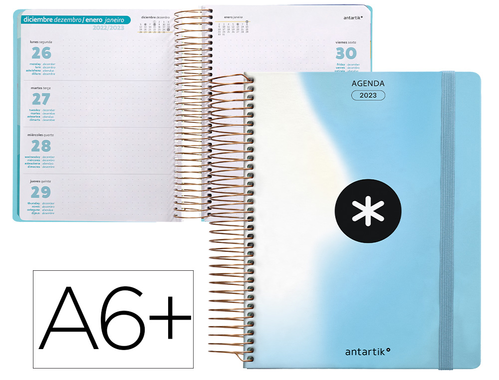 AGENDA DE OFICINA ANTARTIK 2023 SEMANA VISTA 90 GR CON SOBRE MARCAPAGINAS Y 3 HOJAS PEGATINAS CELESTE 130X175 MM