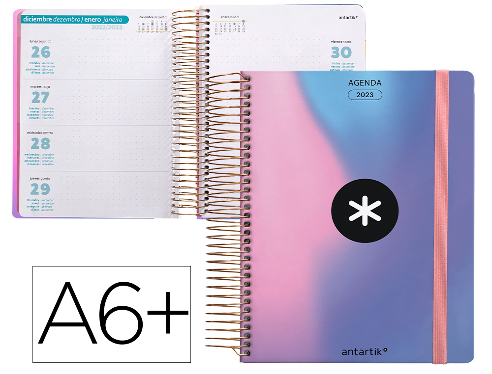 AGENDA DE OFICINA ANTARTIK 2023 SEMANA VISTA 90 GR CON SOBRE MARCAPAGINAS Y 3 HOJAS PEGATINAS MALVA 130X175 MM