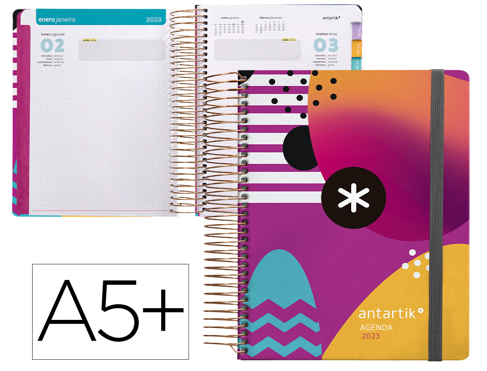 AGENDA DE OFICINA ANTARTIK 2023 DIA PAGINA 90 GR SOBRE MARCAPAGINAS Y 3 HOJAS DE PEGATINAS MORADO 165X215 MM
