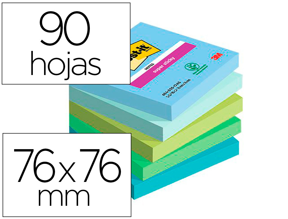 BLOC DE NOTAS ADHESIVAS QUITA Y PON POST-IT SUPER STICKY OASIS 76X76 MM 90 HOJAS 100% PEFC PACK DE 5 UNIDADES