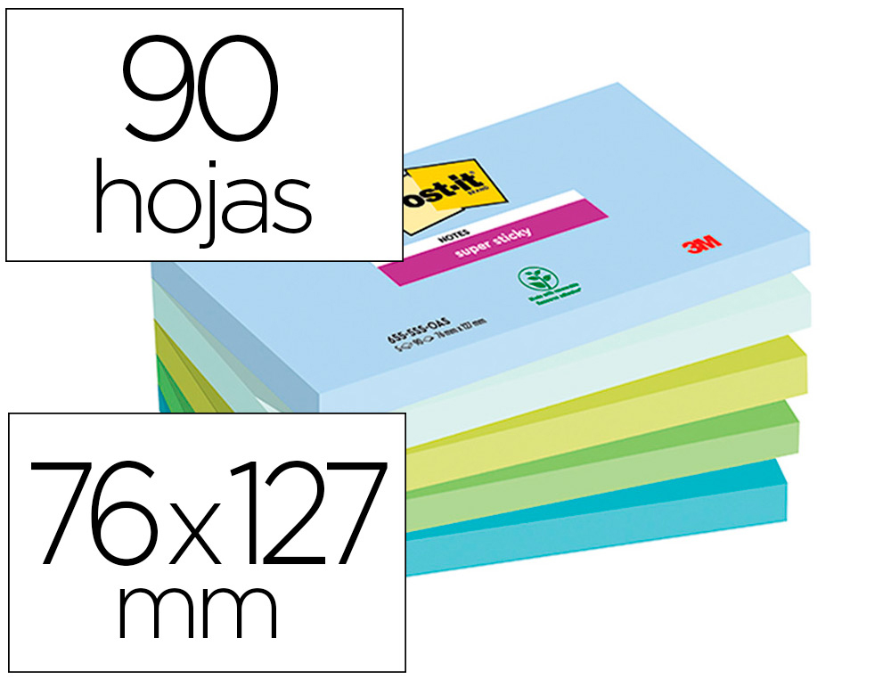 BLOC DE NOTAS ADHESIVAS QUITA Y PON POST-IT SUPER STICKY OASIS 76X127 MM 90 HOJAS 100% PEFC PACK DE 5 UNIDADES